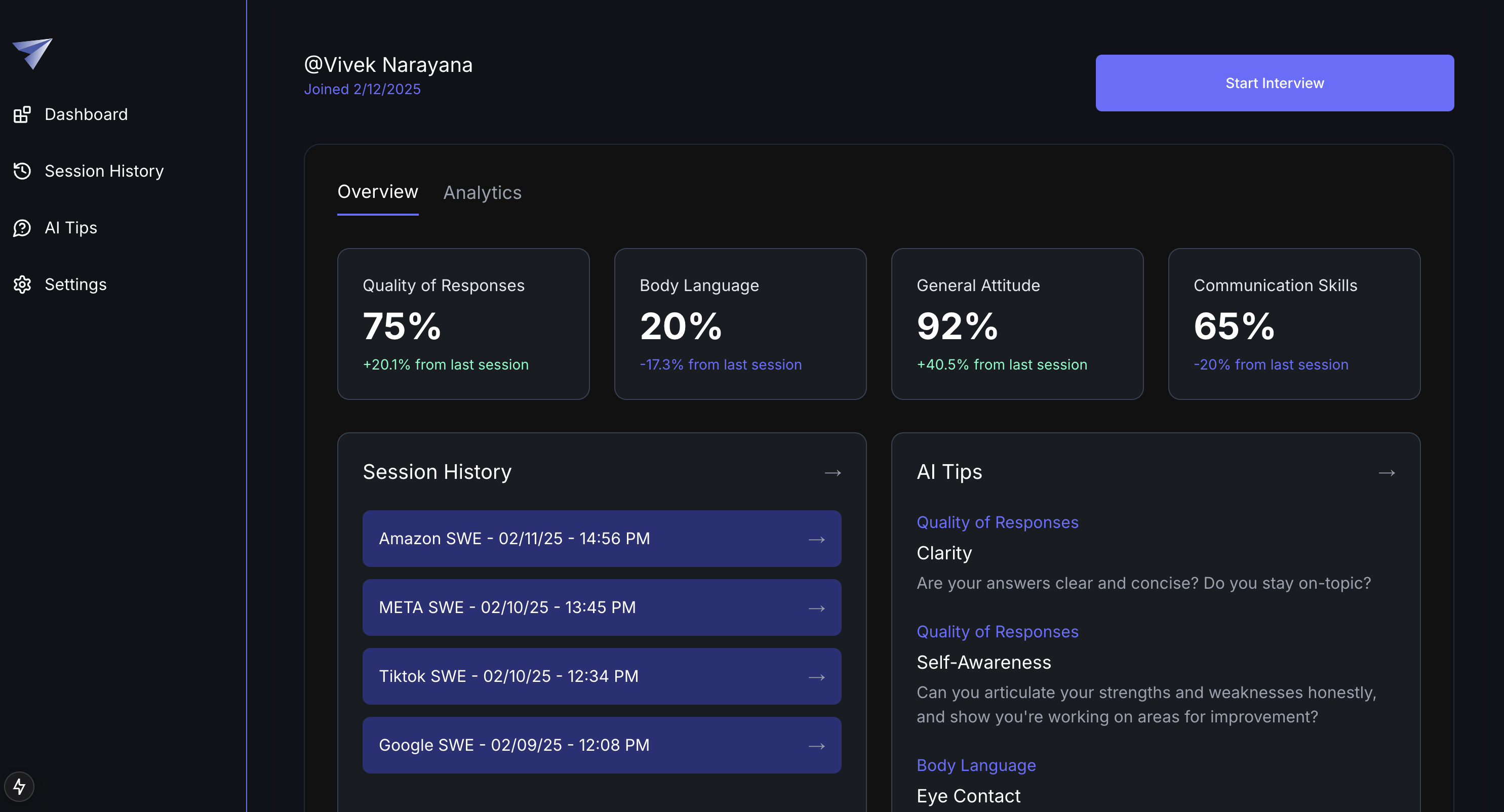 Screenshot of Volare - AI Powered Interview Preparation App